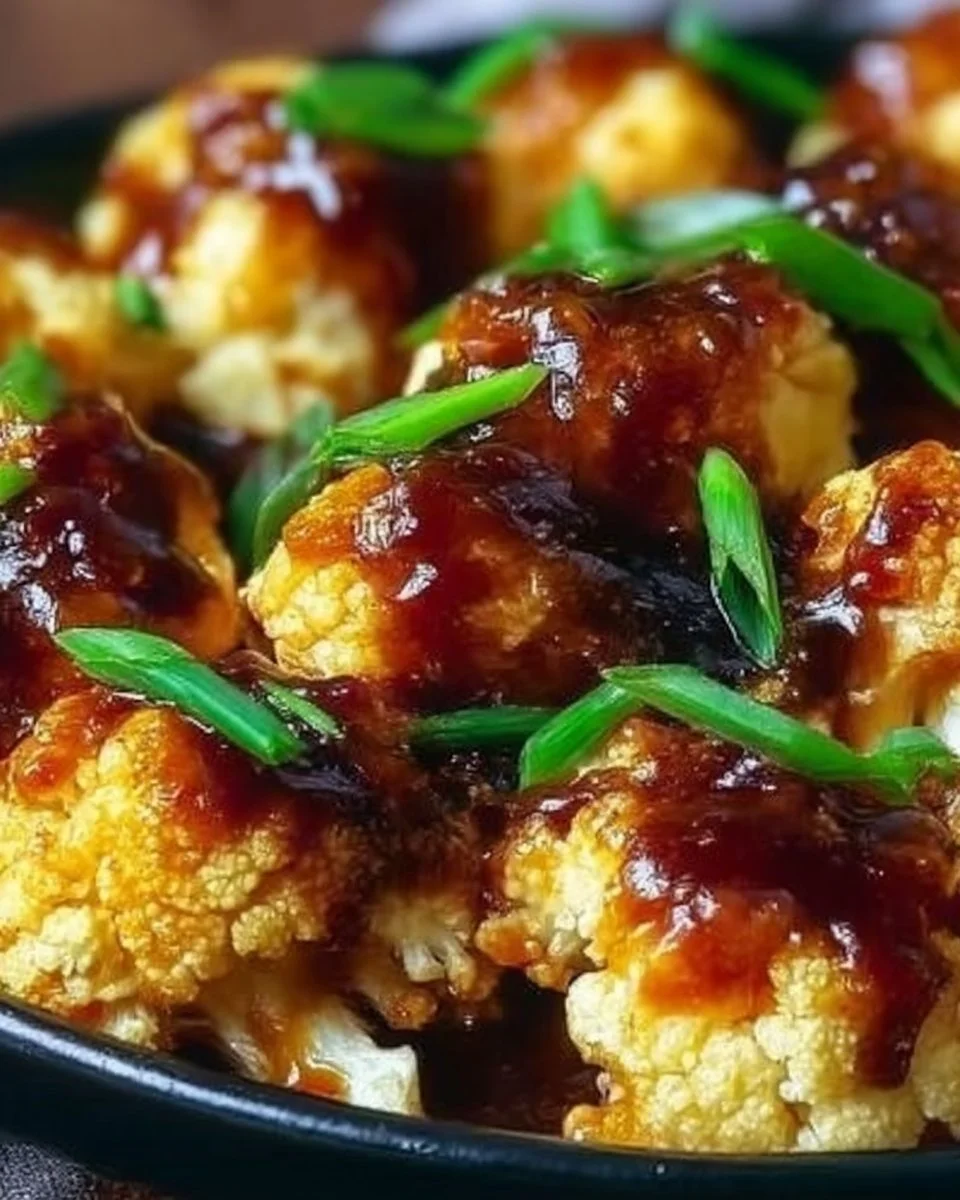 Plate of baked orange cauliflower garnished with herbs