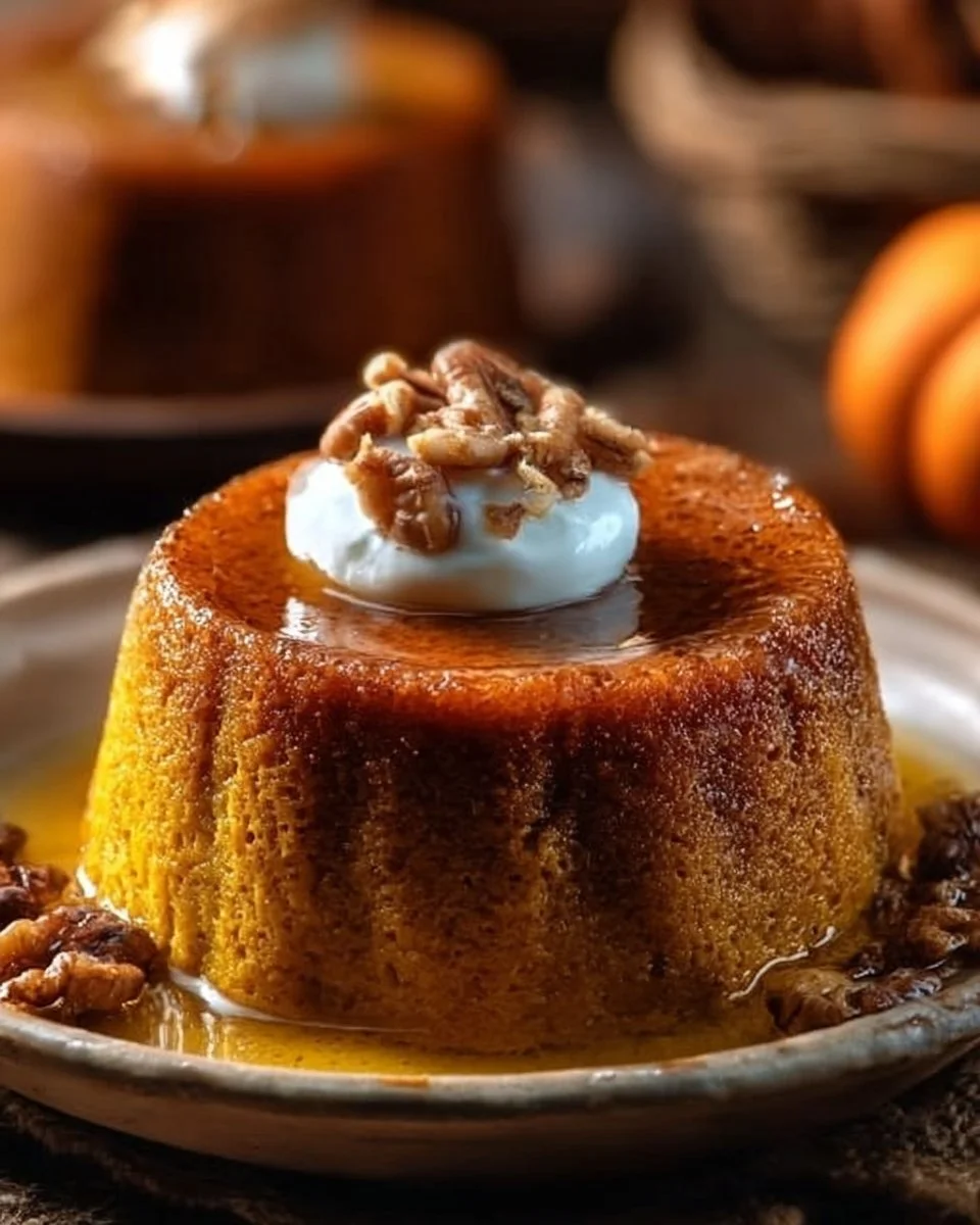 Delicious baked pumpkin pudding served in a rustic bowl
