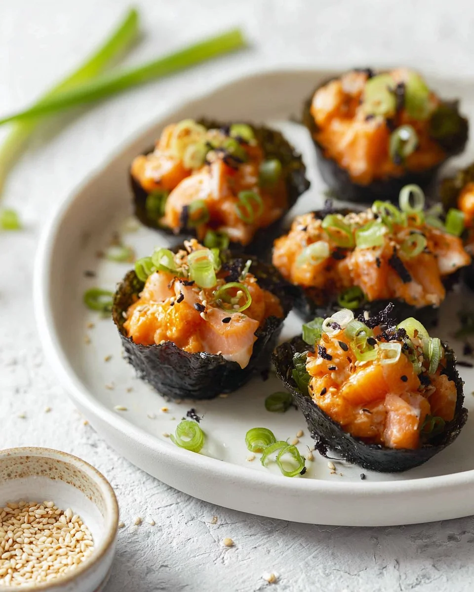 Baked salmon sushi cups on a plate, a quick dinner solution for busy nights.