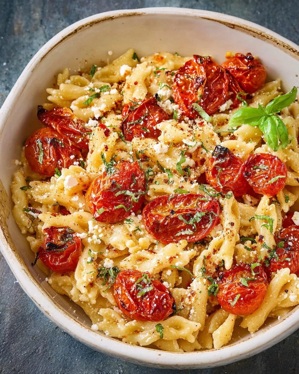 Baked tomato feta pasta dish served in a bowl with fresh herbs