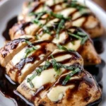 Balsamic glazed chicken breast with melted mozzarella cheese on top