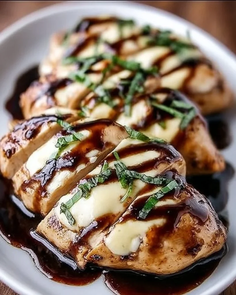 Balsamic glazed chicken breast with melted mozzarella cheese on top