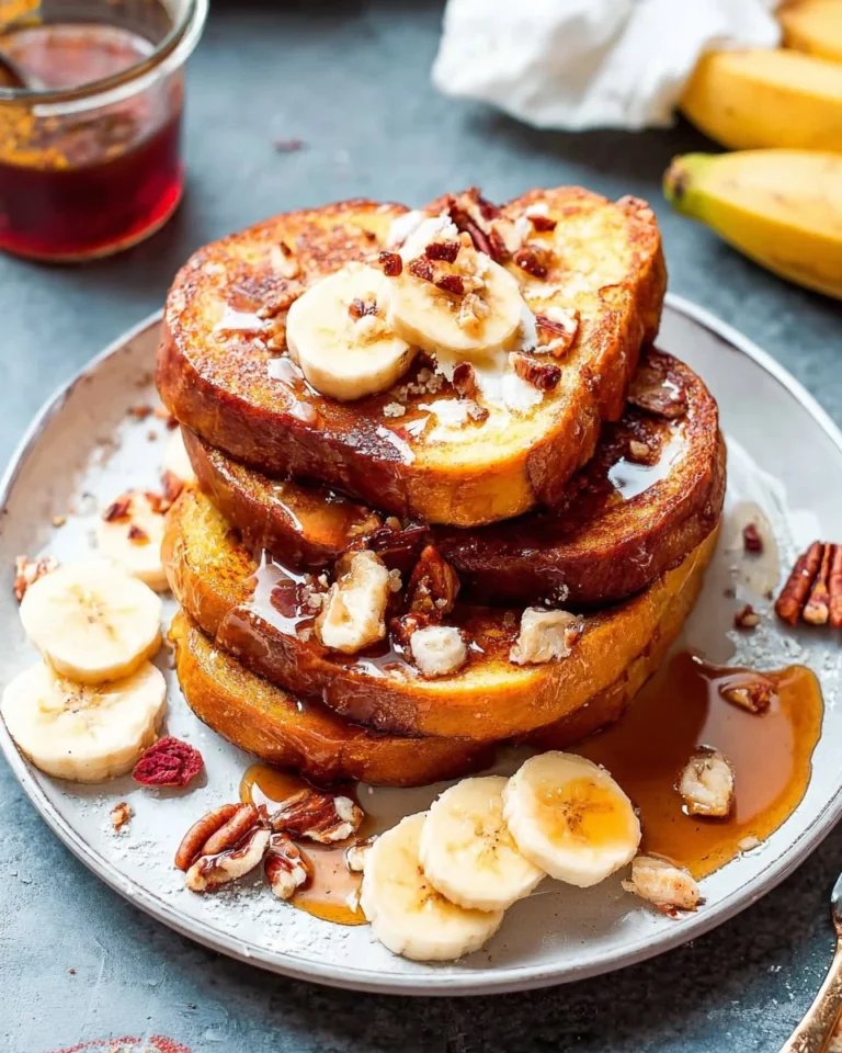 Delicious Banana French Toast served on a plate with syrup and fresh bananas