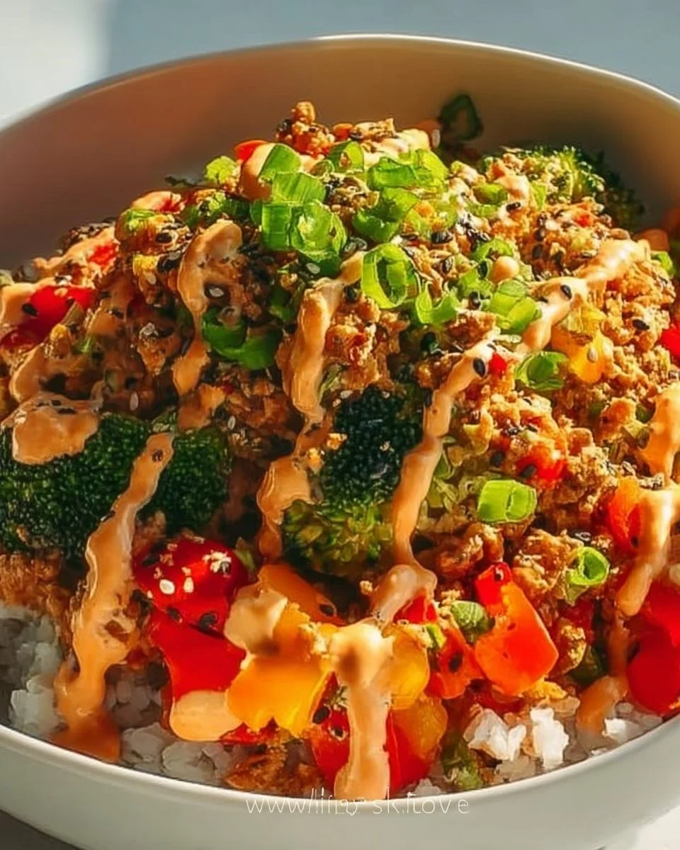 Delicious Bang Bang Ground Turkey Rice Bowls topped with fresh vegetables