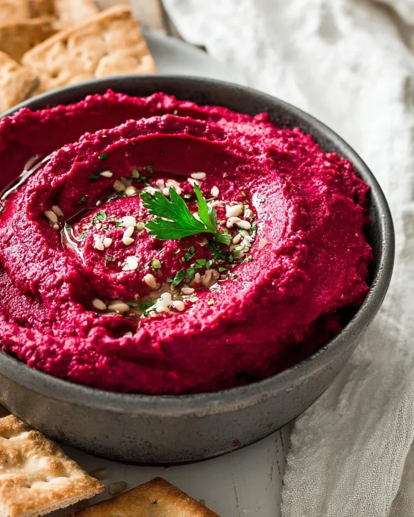Freshly made beetroot hummus served with pita and vegetables