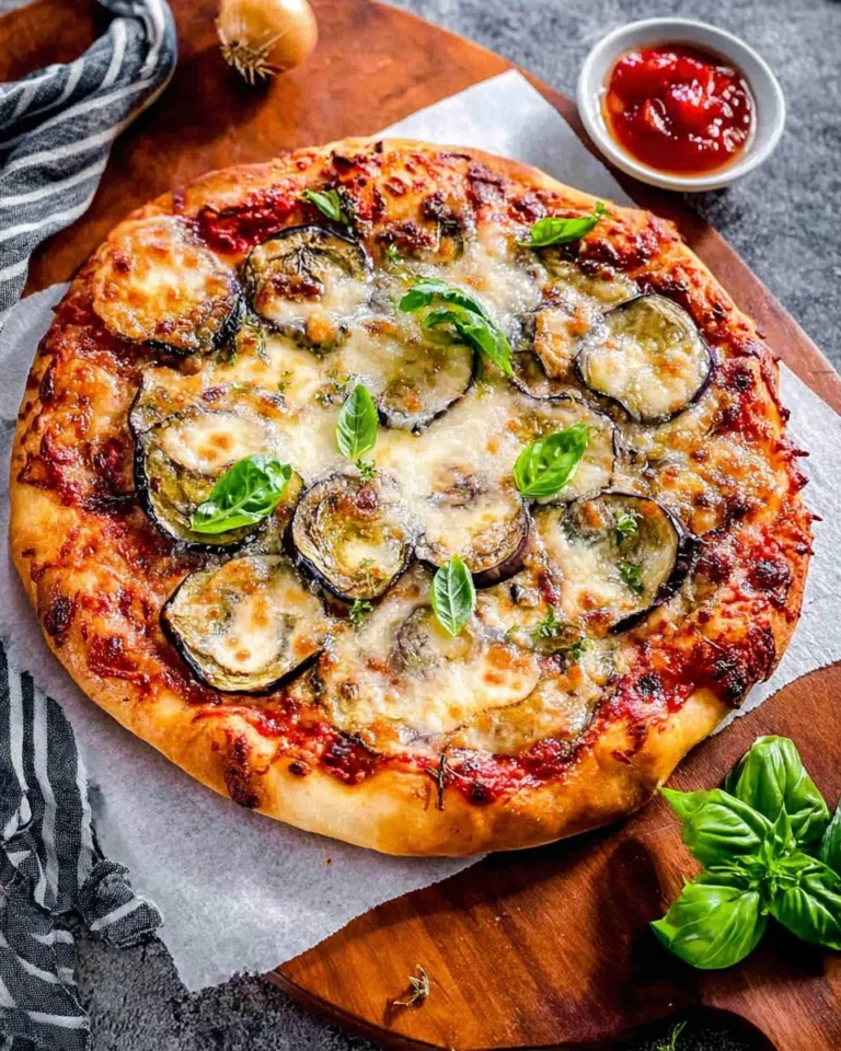 Delicious homemade pizza topped with roasted eggplant slices.