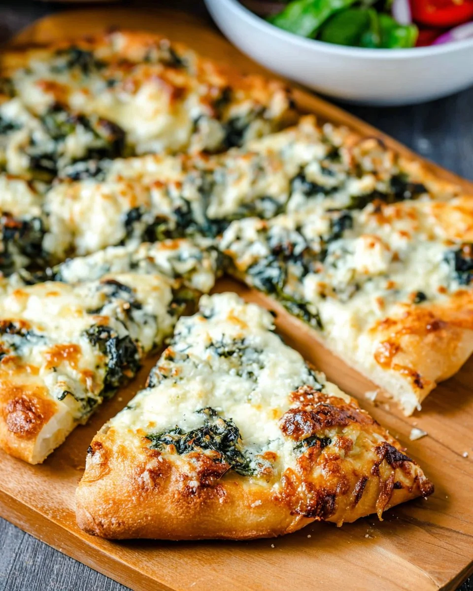 Homemade spinach pizza topped with fresh ingredients on a wooden table