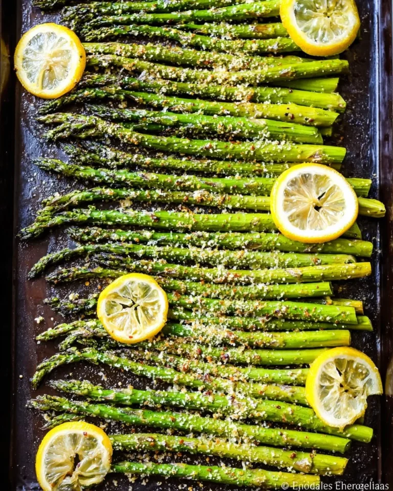 Plate of perfectly roasted asparagus drizzled with olive oil and spices