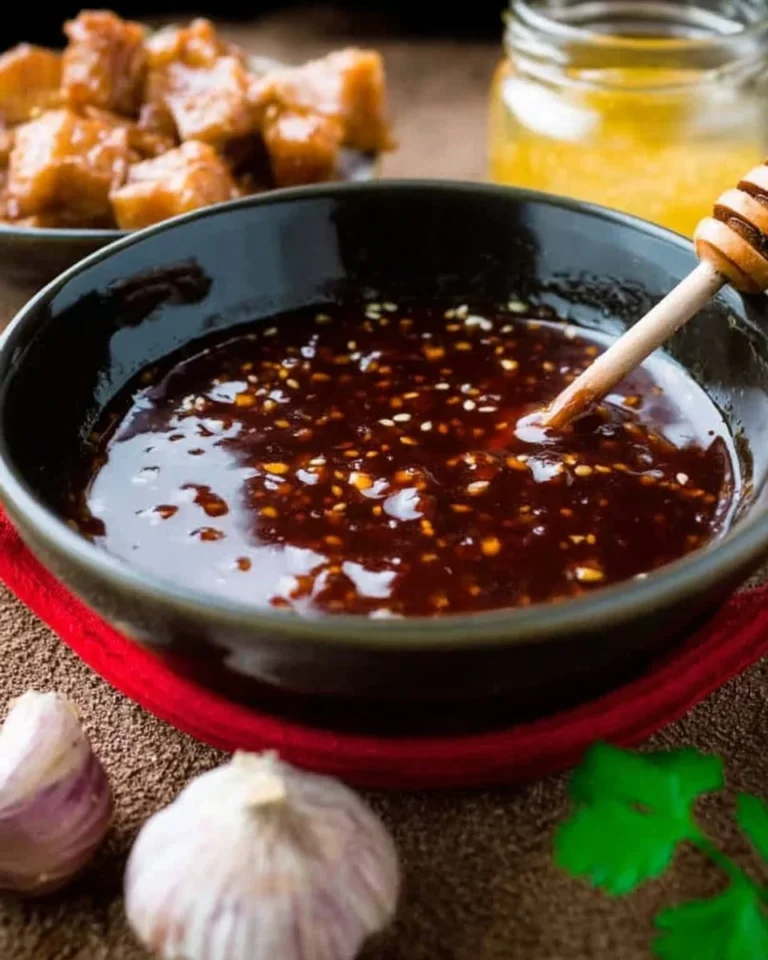 Homemade teriyaki sauce in a jar with fresh ingredients on a wooden table.