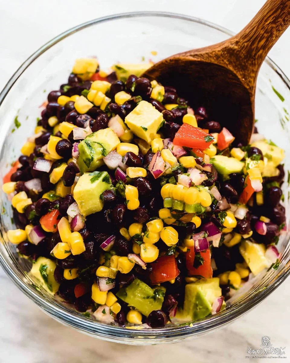 Delicious black bean and corn salsa in a bowl, perfect for dipping.