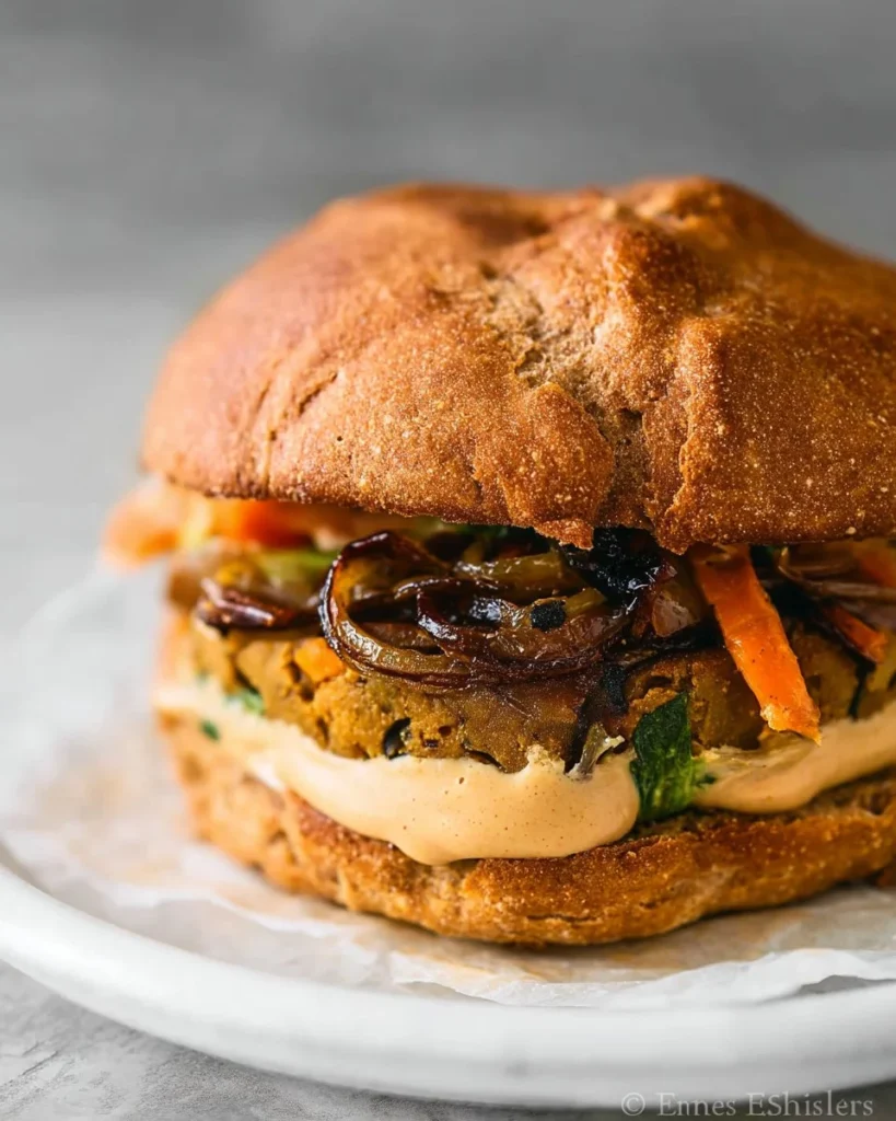 Delicious black bean veggie burger topped with fresh vegetables