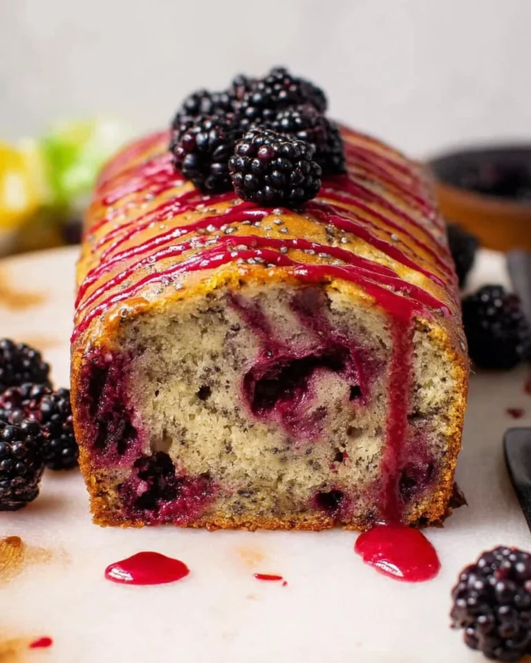 Freshly baked Blackberry Lemon Poppy Seed Loaf sliced with berries on the side.