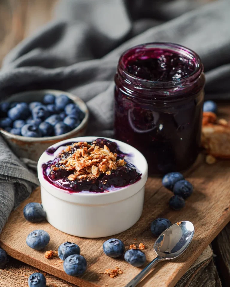 Delicious blueberry compote served in a glass bowl with fresh berries on top.