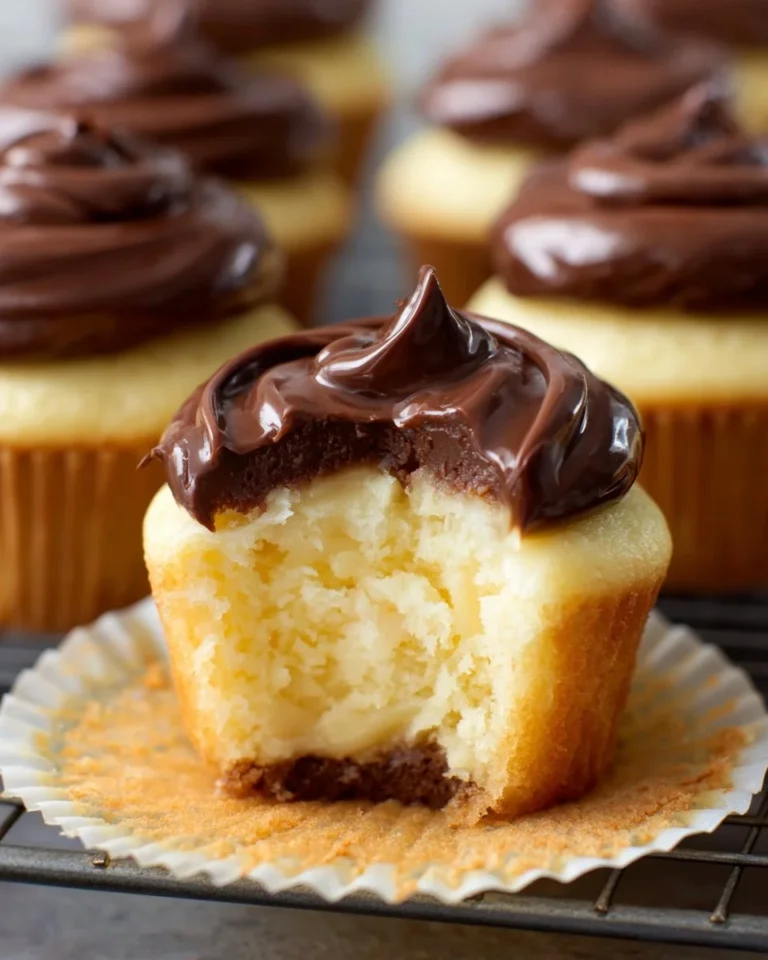Boston Cream Pie Cupcakes topped with chocolate and creamy vanilla filling