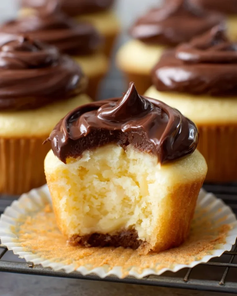Boston Cream Pie Cupcakes topped with chocolate and creamy vanilla filling