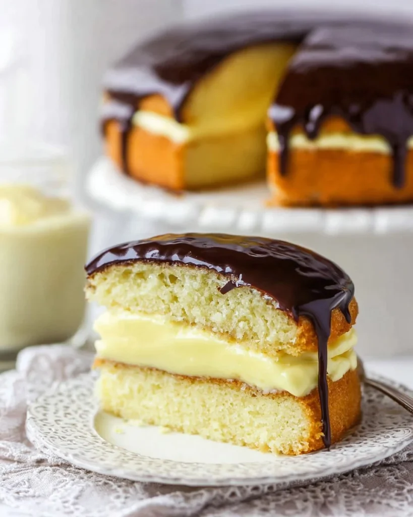 Delicious homemade Boston Cream Pie with chocolate glaze and creamy filling