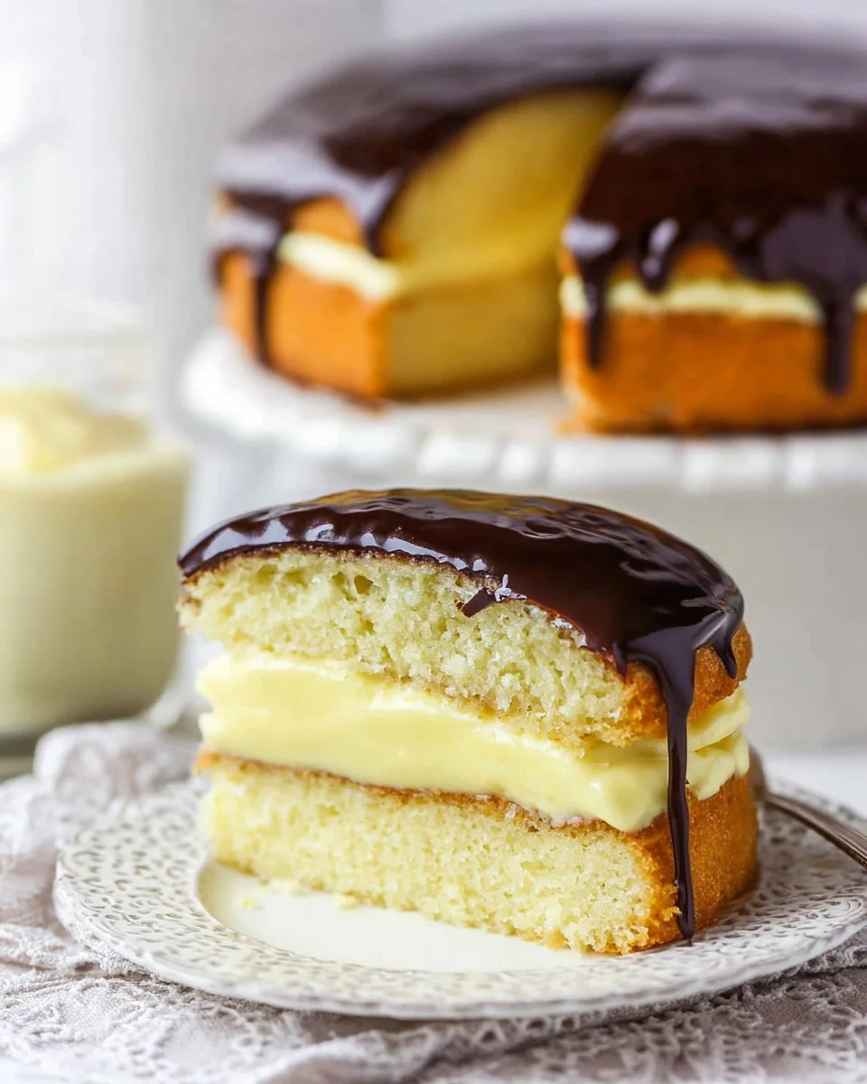 Delicious homemade Boston Cream Pie with chocolate glaze and creamy filling