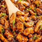 Plate of Bourbon Chicken garnished with green onions and served with rice