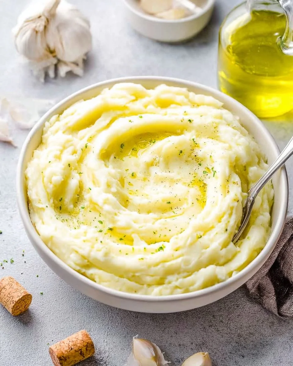 Boursin mashed potatoes topped with herbs in a white bowl