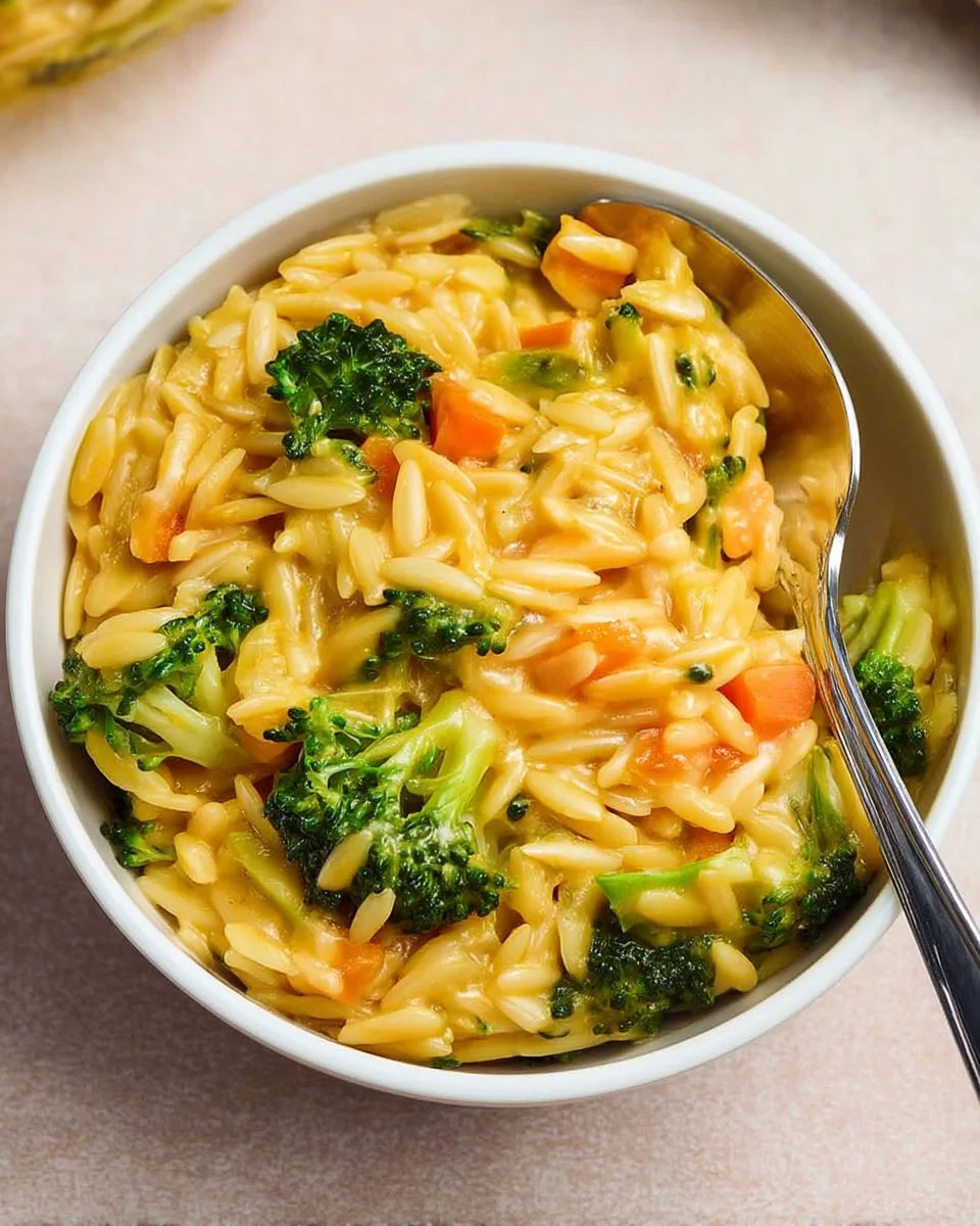 Creamy Broccoli Cheddar Orzo served in a white bowl