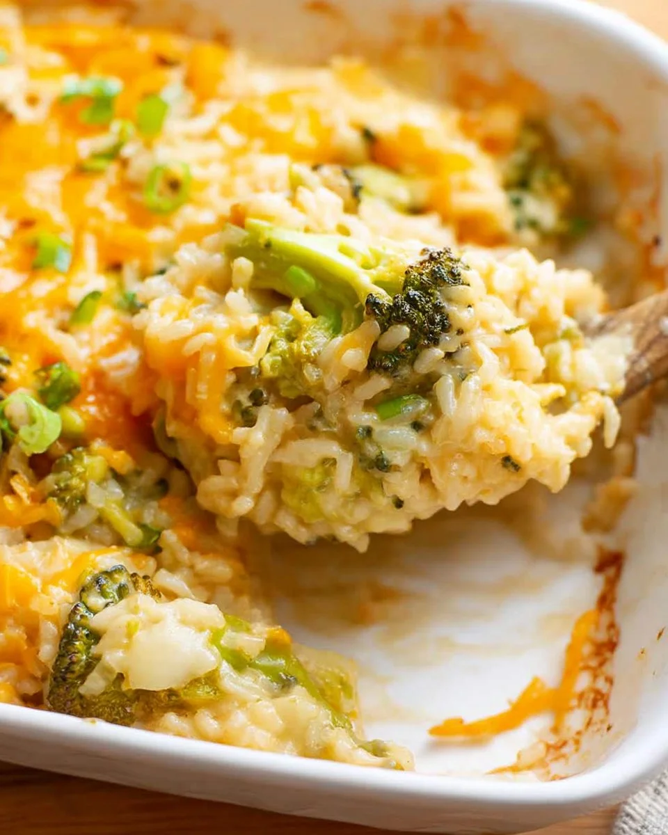 Broccoli Cheese Rice Casserole served in a baking dish with melted cheese on top.