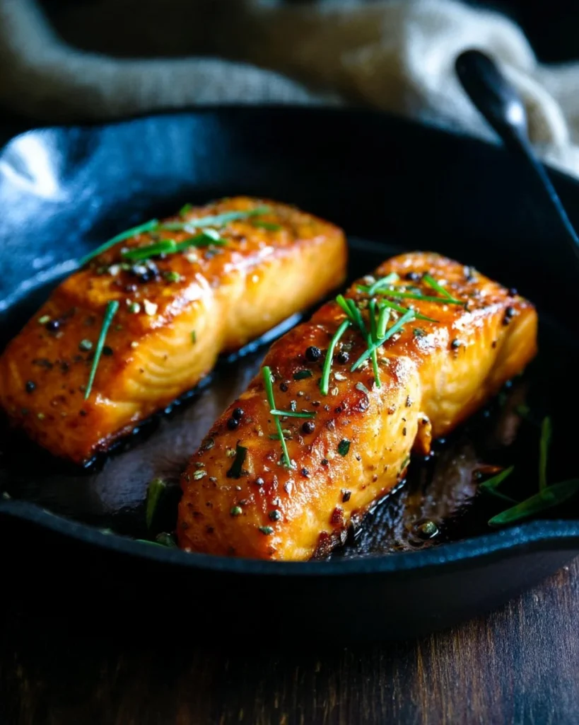 Delicious broiled salmon served with lemon and herbs on a plate