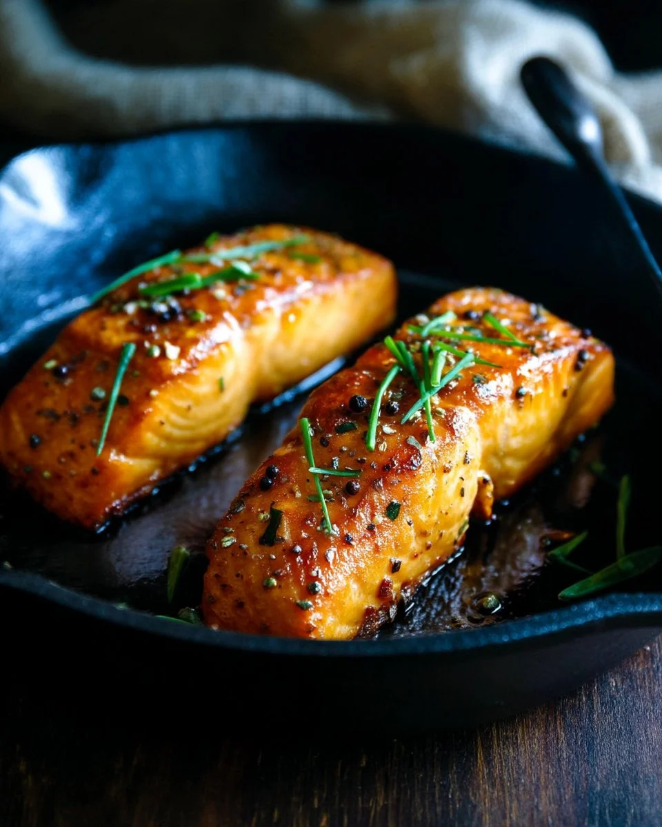 Delicious broiled salmon served with lemon and herbs on a plate