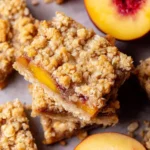 Delicious brown butter peach crumble bars topped with a golden crumble.