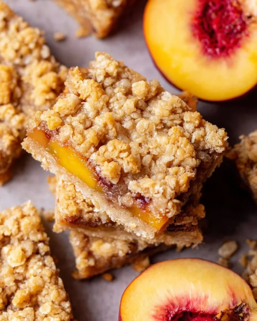 Delicious brown butter peach crumble bars topped with a golden crumble.