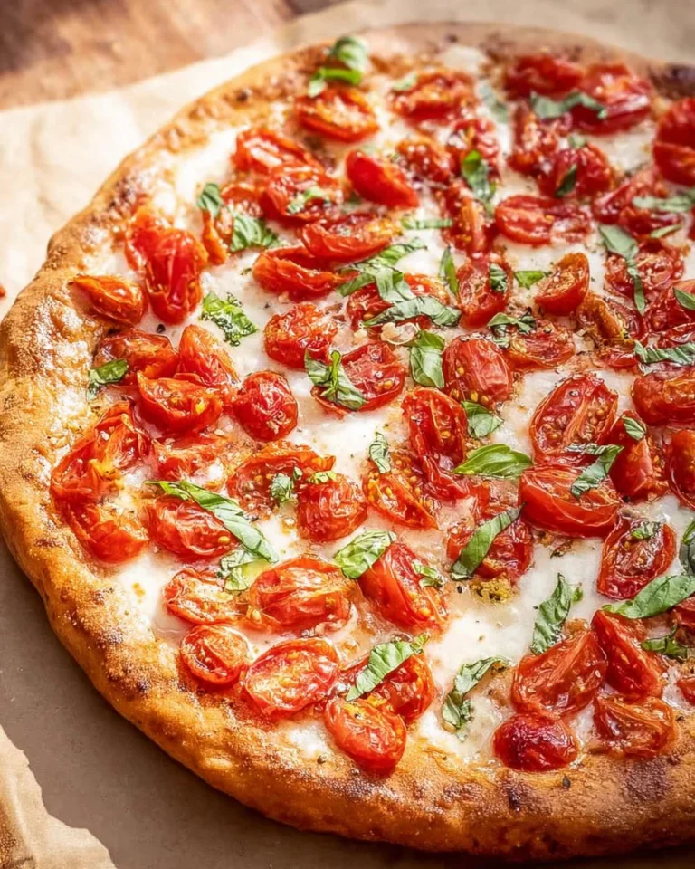 Delicious bruschetta pizza topped with fresh tomatoes and basil