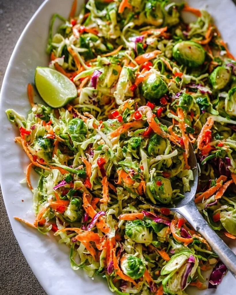 Delicious Brussels sprout coleslaw displayed in a bowl with fresh ingredients.