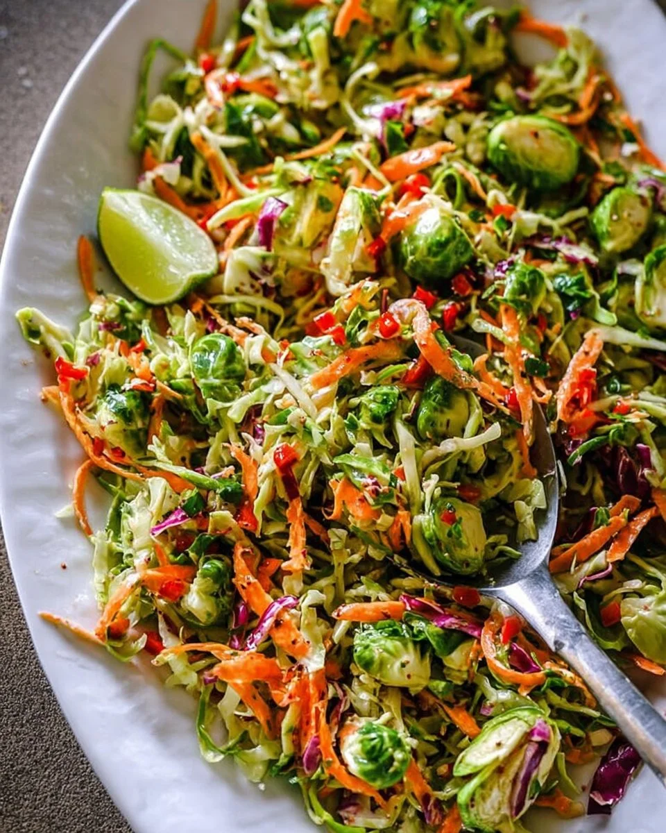 Delicious Brussels sprout coleslaw displayed in a bowl with fresh ingredients.