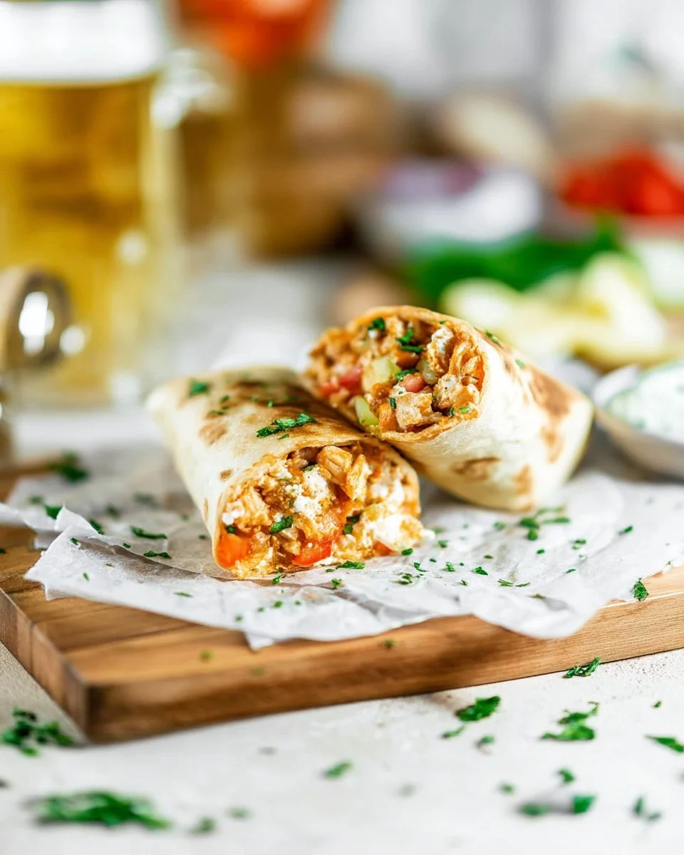 Buffalo chicken burritos served on a plate with fresh toppings