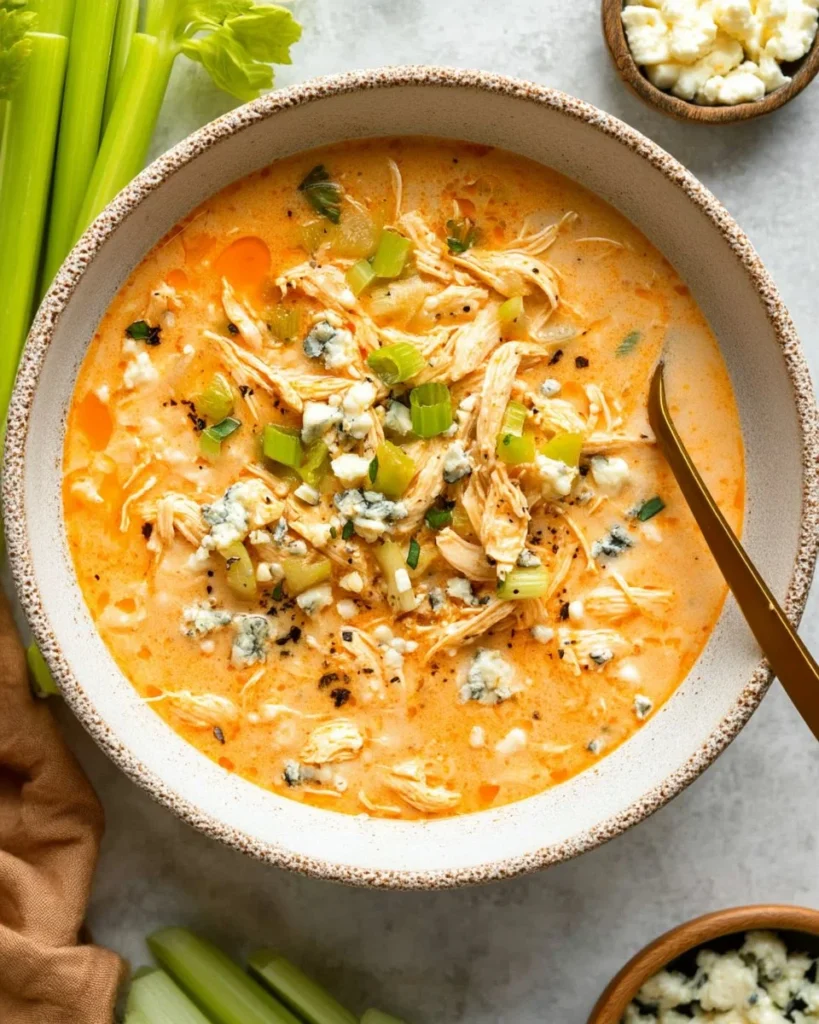 Bowl of Buffalo Chicken Soup garnished with green onions and served in a rustic setting.