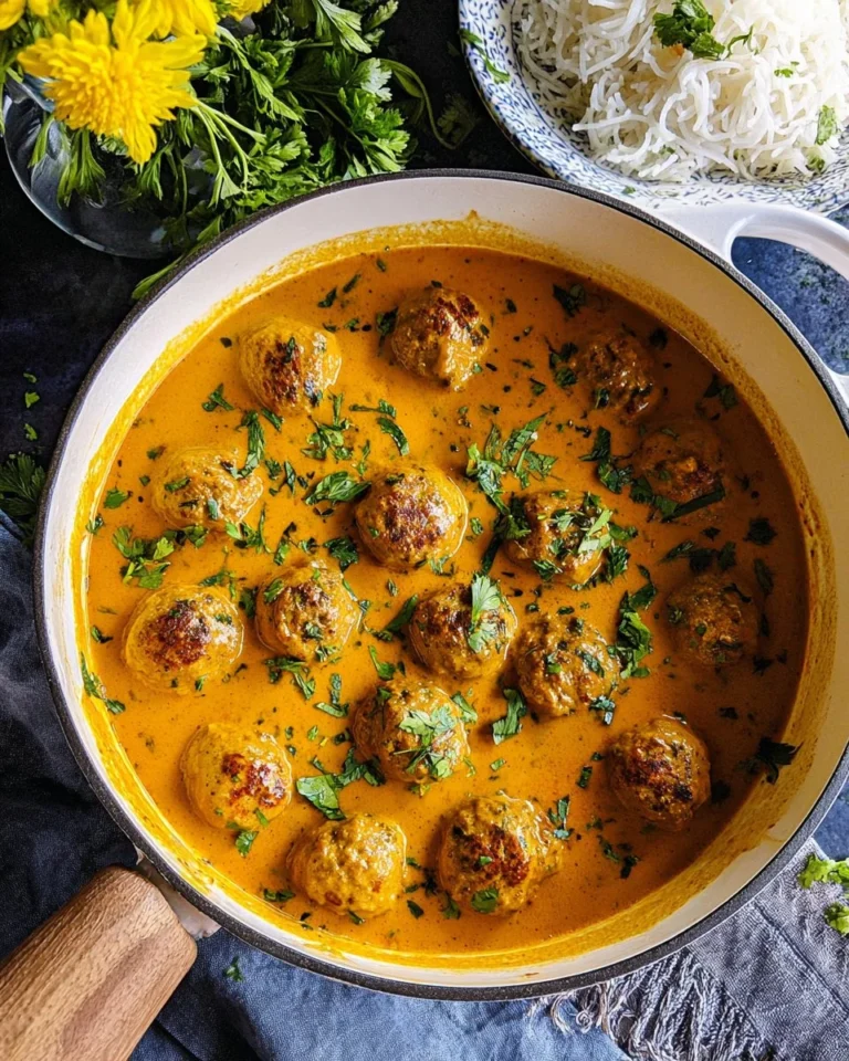 Delicious Butter Chicken Meatballs served with creamy sauce and garnish.