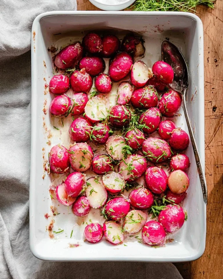Delicious butter herb roasted radishes served as a colorful side dish