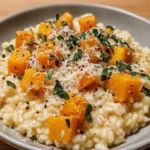 Creamy butternut squash risotto garnished with herbs and parmesan cheese