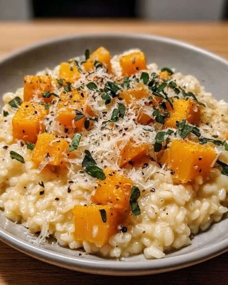 Creamy butternut squash risotto garnished with herbs and parmesan cheese