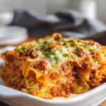 Cabbage roll casserole served in a dish, garnished and ready to eat.