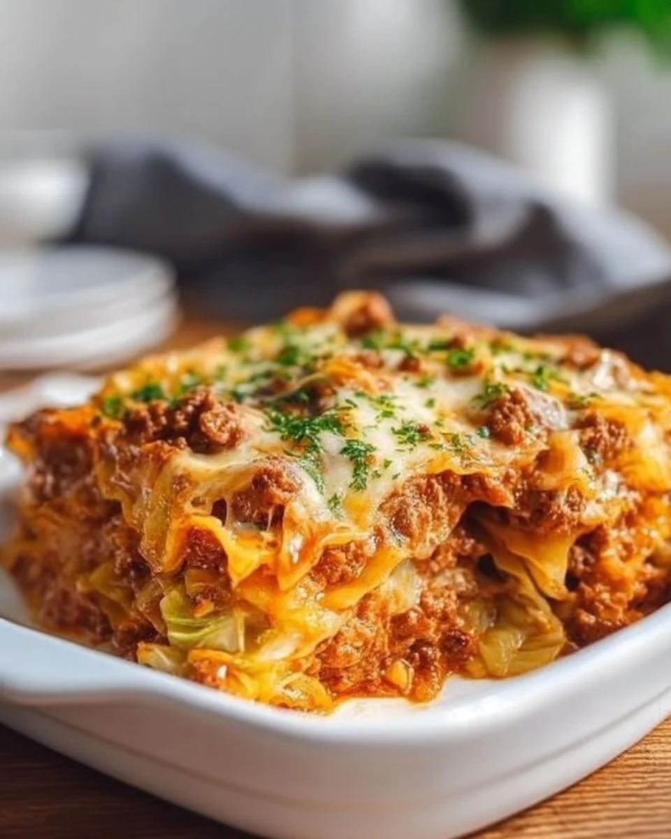 Cabbage roll casserole served in a dish, garnished and ready to eat.