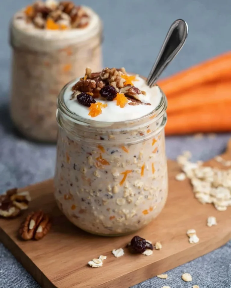 Delicious bowl of carrot cake overnight oats topped with nuts and spices