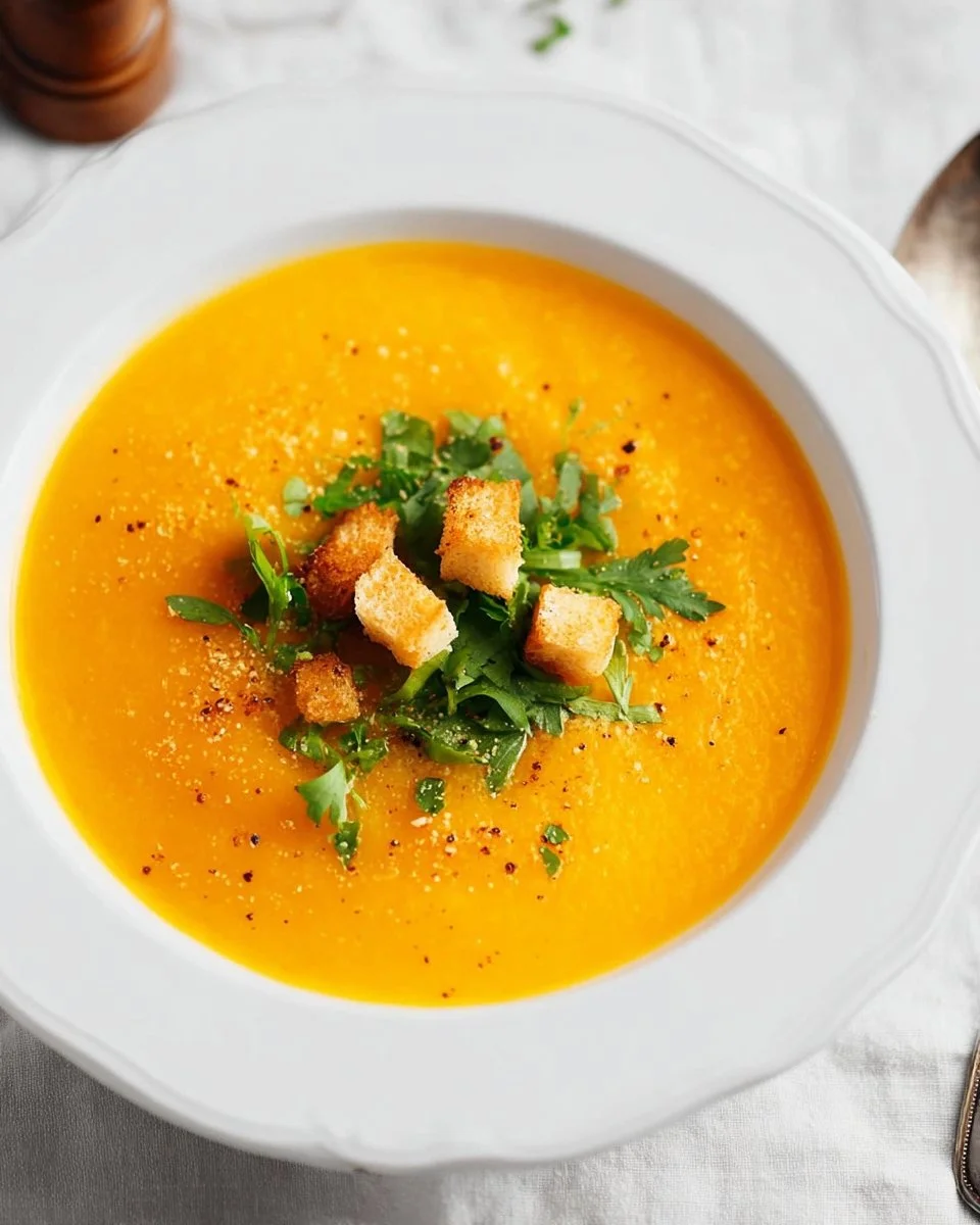 Bowl of vibrant Carrot Coriander Soup garnished with fresh herbs