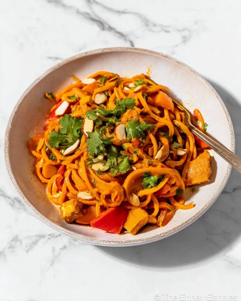 Colorful carrot noodles served in a bowl with fresh herbs