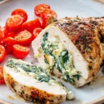 Delicious cheese stuffed chicken ready to serve on a plate