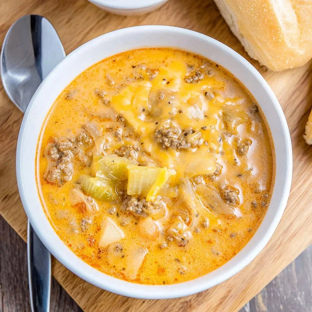 Delicious and creamy Cheeseburger Soup served in a bowl