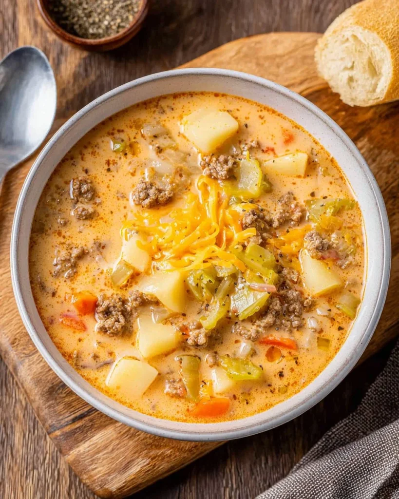 A comforting bowl of cheeseburger soup with melted cheese and fresh toppings.