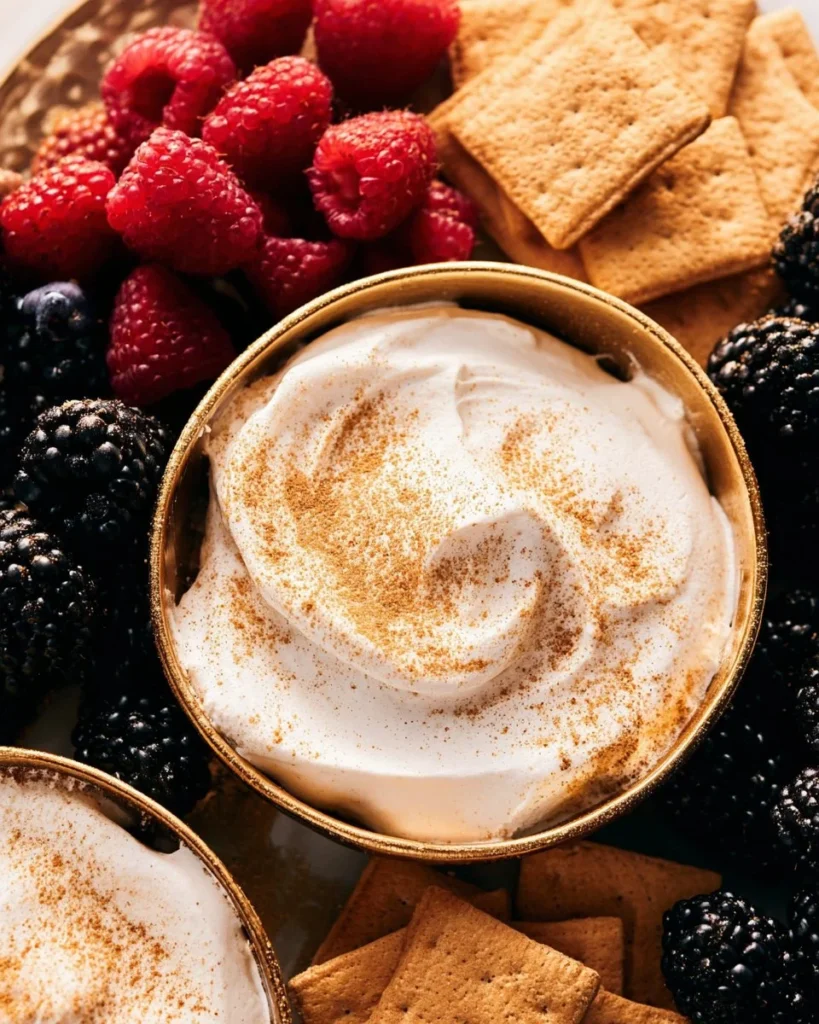 Delicious cheesecake dip in a bowl surrounded by fresh fruits and graham crackers.