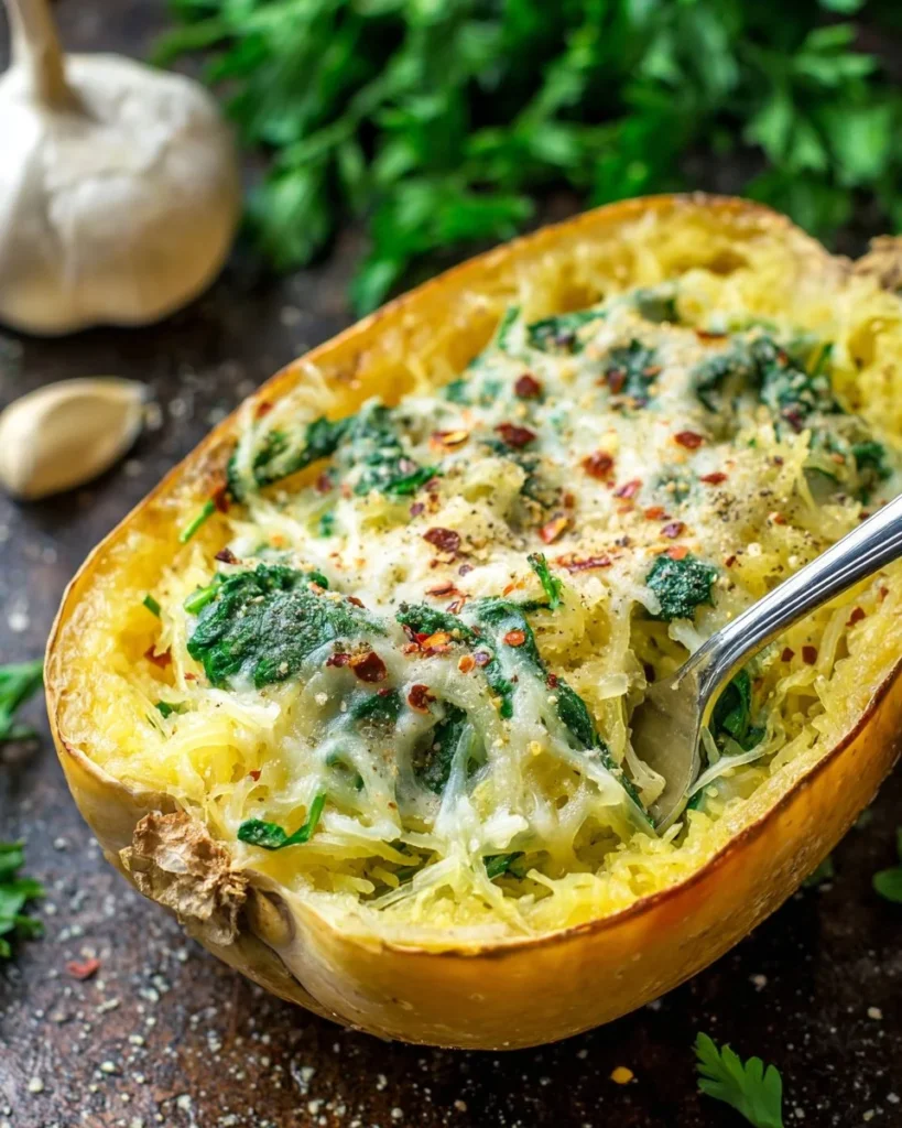 Cheesy garlic parmesan spinach spaghetti squash dish garnished with herbs