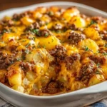 Cheesy hamburger potato casserole served in a baking dish