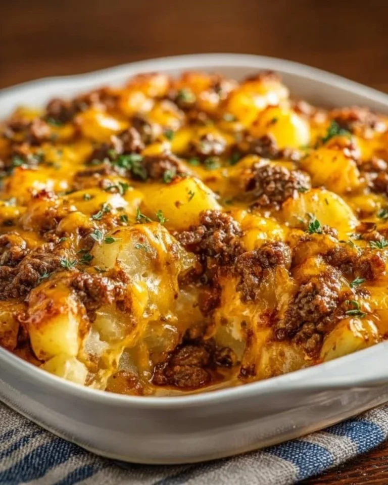 Cheesy hamburger potato casserole served in a baking dish